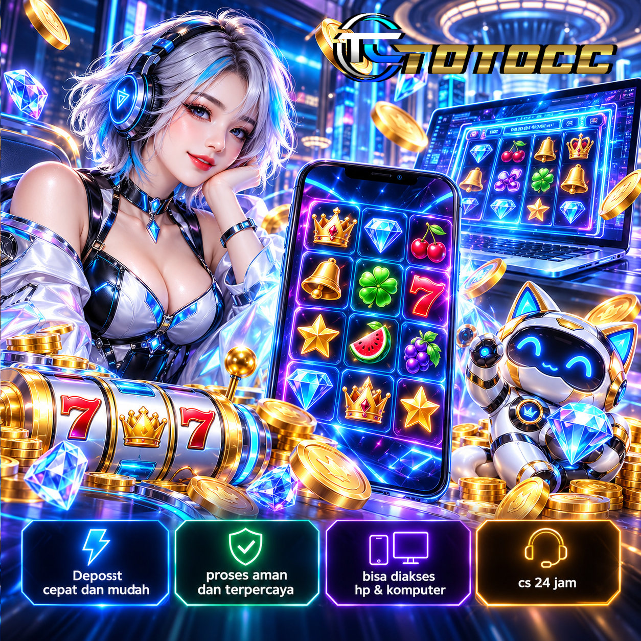Ilustrasi TOTOCC bernuansa biru neon dan emas dengan permainan digital